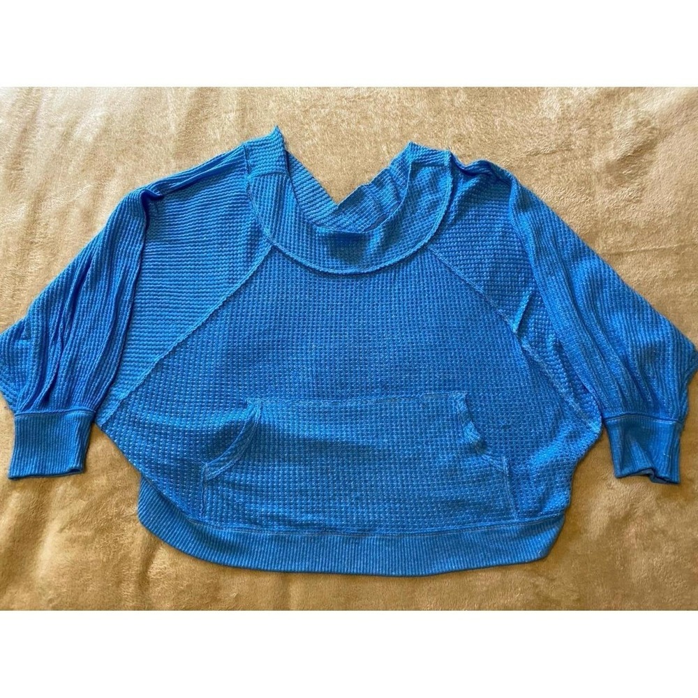We The Free People Sweater Waffle Knit Blue Large Boho Oversized Comfy Gor s52